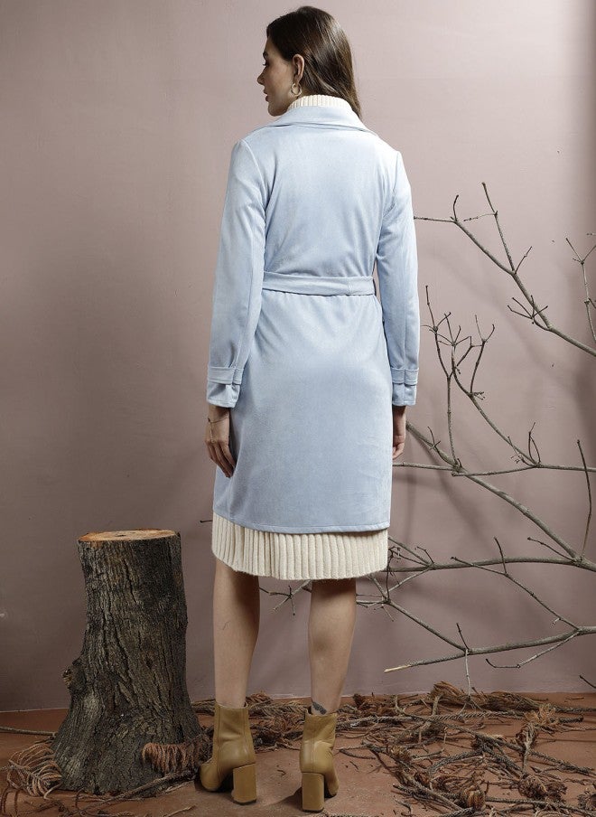 Athena Blue Suede Women Trench Coat With Belt - Image 5