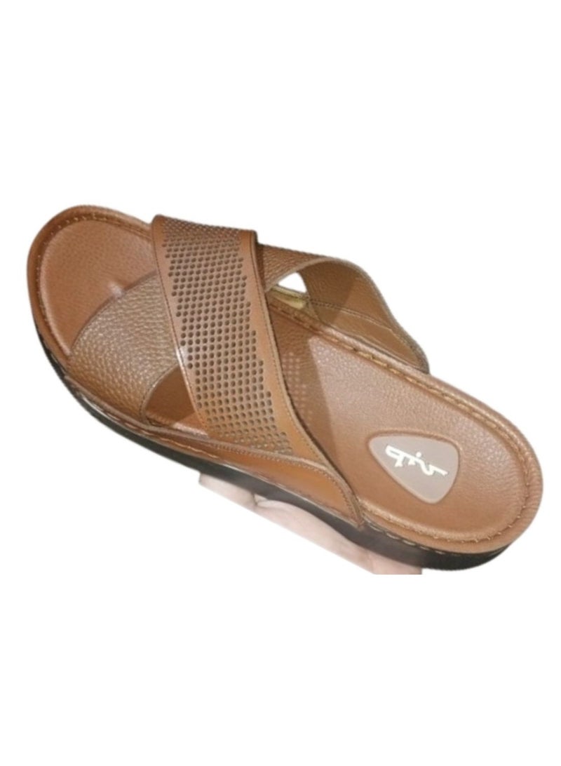 Hand Made "Men's Natural Leather Slippers; Handmade Men's Natural Leather Sandals with Leather Sole and Orthopedic Insole, Suitable for Those Suffering from Foot Pain-Light Brown - Image 1