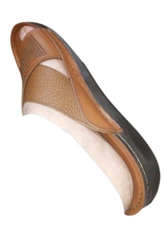 Hand Made "Men's Natural Leather Slippers; Handmade Men's Natural Leather Sandals with Leather Sole and Orthopedic Insole, Suitable for Those Suffering from Foot Pain-Light Brown - Image 4