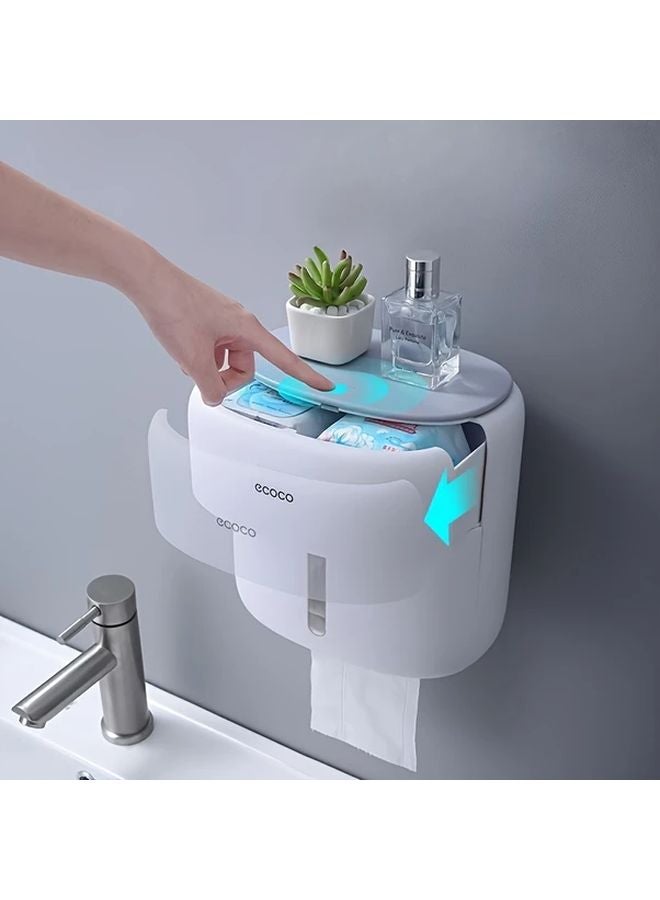 Double Layer Black Wall Mounted Toilet Paper Holder With Shelf No Drill Adhesive - Image 2