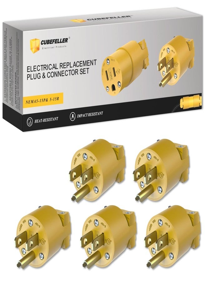 CUBEFELLER® Extension Cord Ends Male Kit, Replacement Plug, 3 Prong, 15Amp, 125Volt, NEMA 5-15P, UL Listed, 5pcs,ER0105P(Yellow) - Image 1
