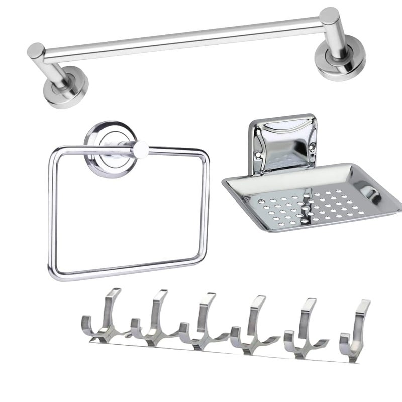 Stainless Steel Bathroom Accessories Set, Towel Bar, Soap Dish, Towel Ring Holder, Cloths Hanger 6 Hooks - Image 1