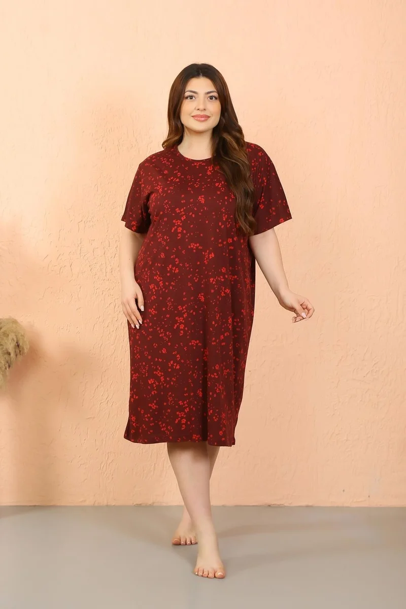 اكبينيز Women's Plus Size Combed Cotton Short Sleeve Burgundy Nightgown 12503