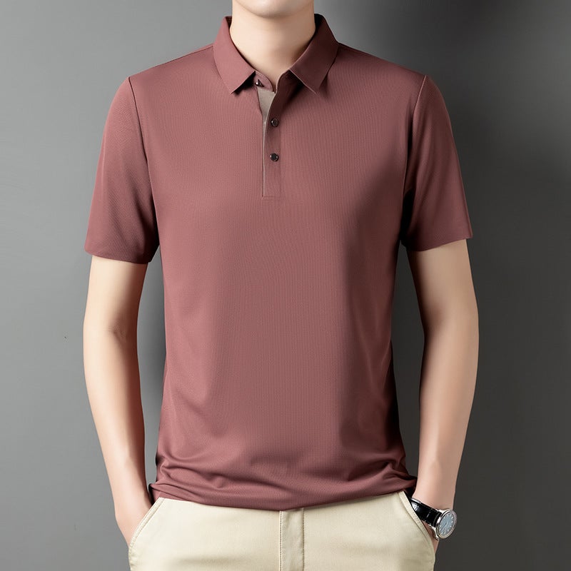 Men's Ice Silk Short-sleeved Lapel T-shirt Loose Business Casual Polo Shirt Summer Sweatshirt Top T-shirt Solid Color
