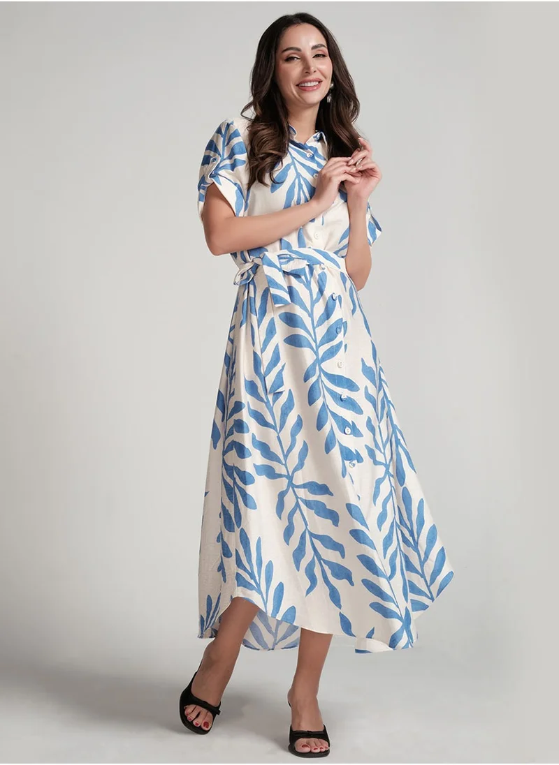 Zigzag Asymmetrical Hem Blue Printed Dress