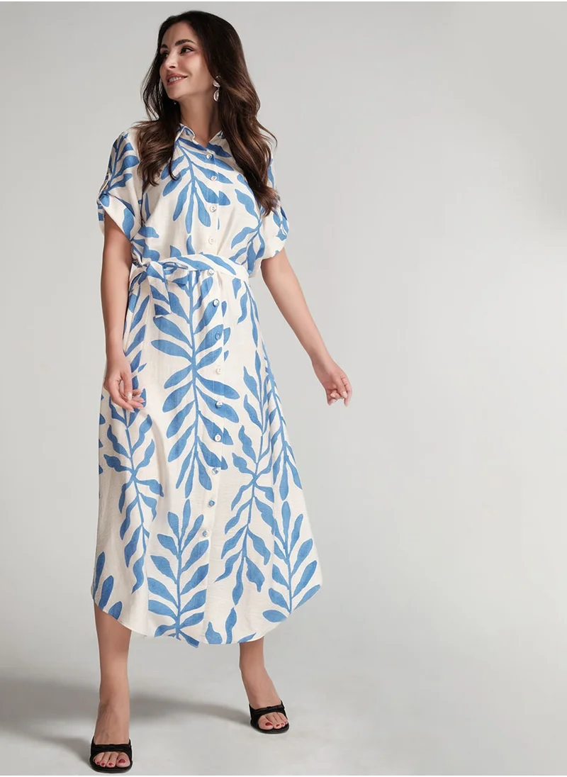 Zigzag Asymmetrical Hem Blue Printed Dress