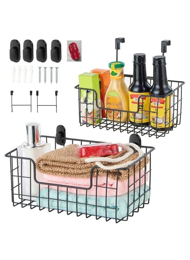 JUNCHU CHERRY Over the Cabinet Door Organizer 2 Pack, Wall Mount Storage Basket,Hanging Storage Wire Basket, Grid Storage Bin Basket with 3 Different Hooks for Kitchen,Pantry Bathroom,Cabinet (2 Pack Black) - Image 1