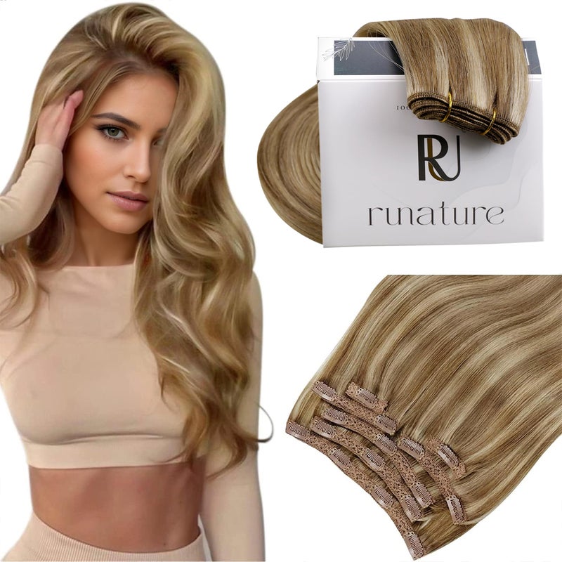 RUNATURE Clip in Hair Extensions Real Human Hair Clip in Extensions 18 Inch 120g 7pcs Real Hair Extensions Clips Ins for Women Double Weft Easy to Apply #10P16 Dark Blonde Highlight Caramel Blonde - Image 1