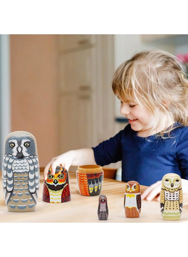 NEPOG Set of 5 Owl Family Nesting Dolls Forest Animals Nesting Dolls Matryoshka Russian Doll Figurines Kids Stacking Dolls for Father's Day Christmas Birthday Owl Lover Home Decoration - Image 4