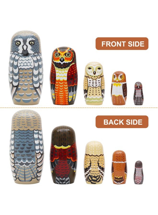 NEPOG Set of 5 Owl Family Nesting Dolls Forest Animals Nesting Dolls Matryoshka Russian Doll Figurines Kids Stacking Dolls for Father's Day Christmas Birthday Owl Lover Home Decoration - Image 3
