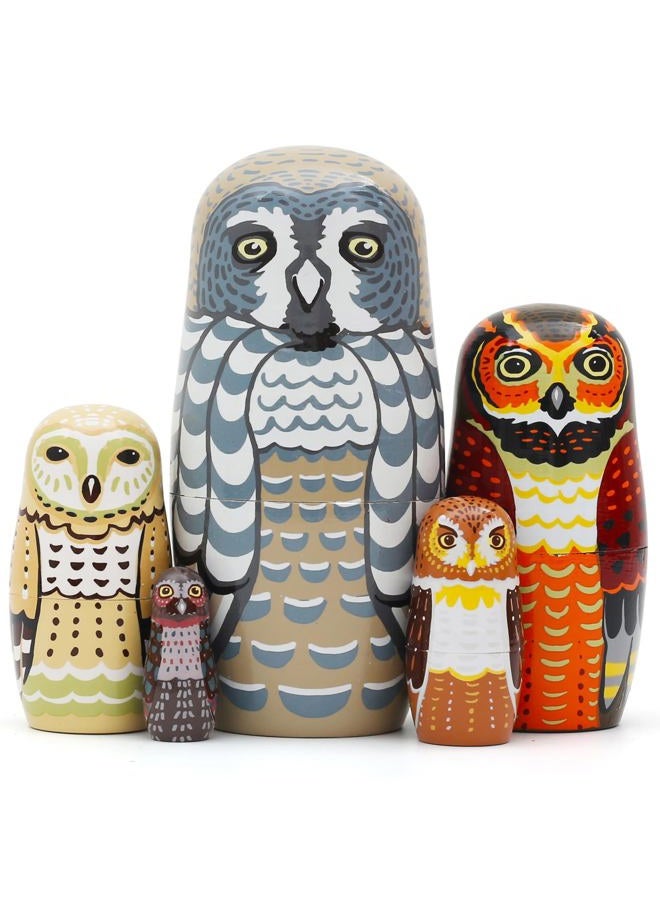 NEPOG Set of 5 Owl Family Nesting Dolls Forest Animals Nesting Dolls Matryoshka Russian Doll Figurines Kids Stacking Dolls for Father's Day Christmas Birthday Owl Lover Home Decoration - Image 1