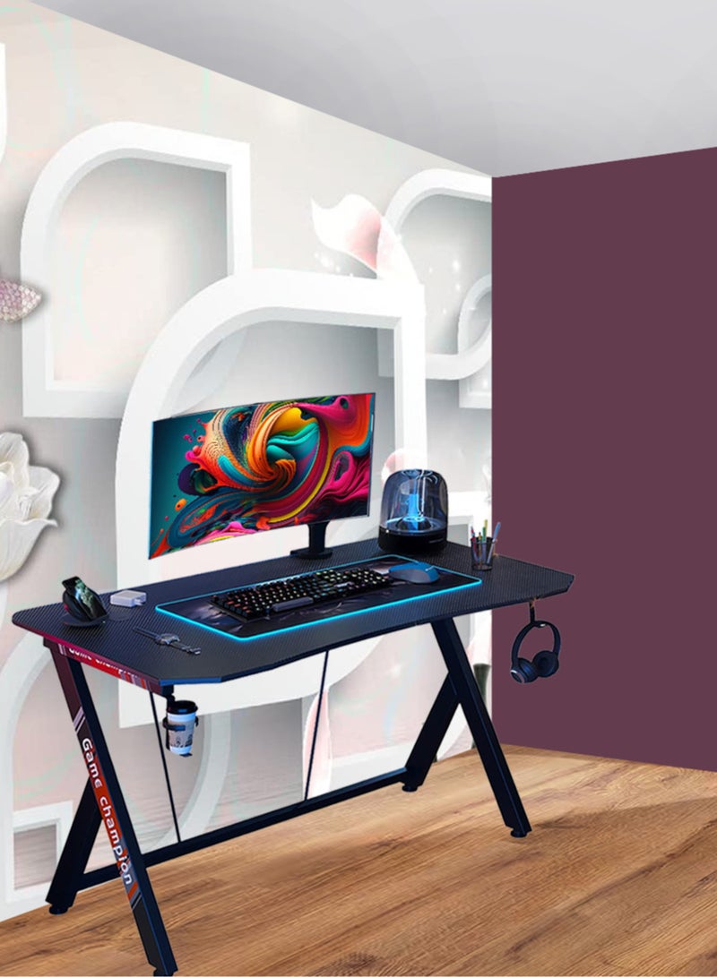 Gaming Desk Gaming Desk for Gamers Gift Idea PC Computer Desk Home Office Desk Workstation with Carbon Fiber Surface Gaming Table with Headphone Hook and Cup Holder.EI-205 - Image 2