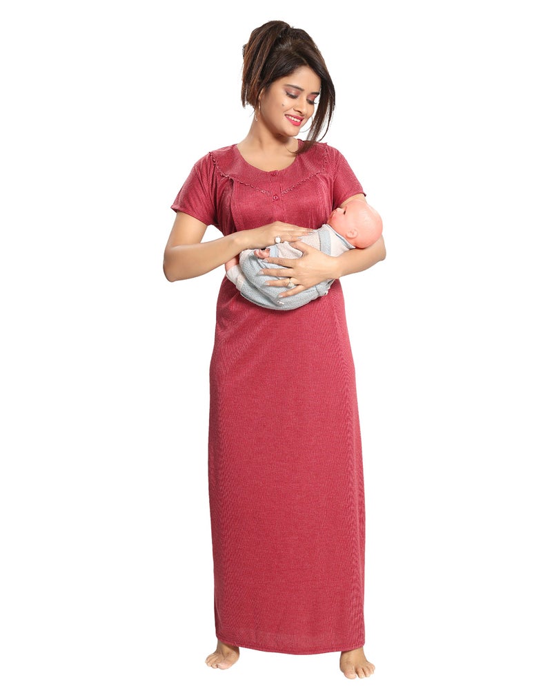 Fabme Women's Cotton Textured Floor Length Nursing Nighty (Red_Free Size_NW0142_Red_Free Size) - Image 1