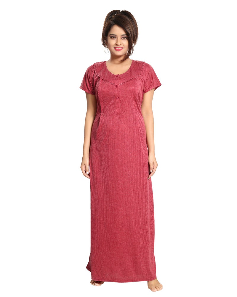 Fabme Women's Cotton Textured Floor Length Nursing Nighty (Red_Free Size_NW0142_Red_Free Size) - Image 4
