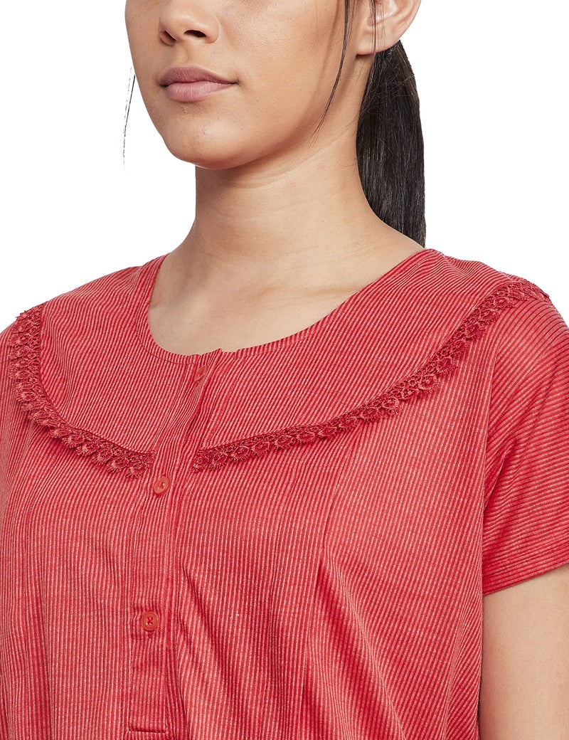 Fabme Women's Cotton Textured Floor Length Nursing Nighty (Red_Free Size_NW0142_Red_Free Size) - Image 2