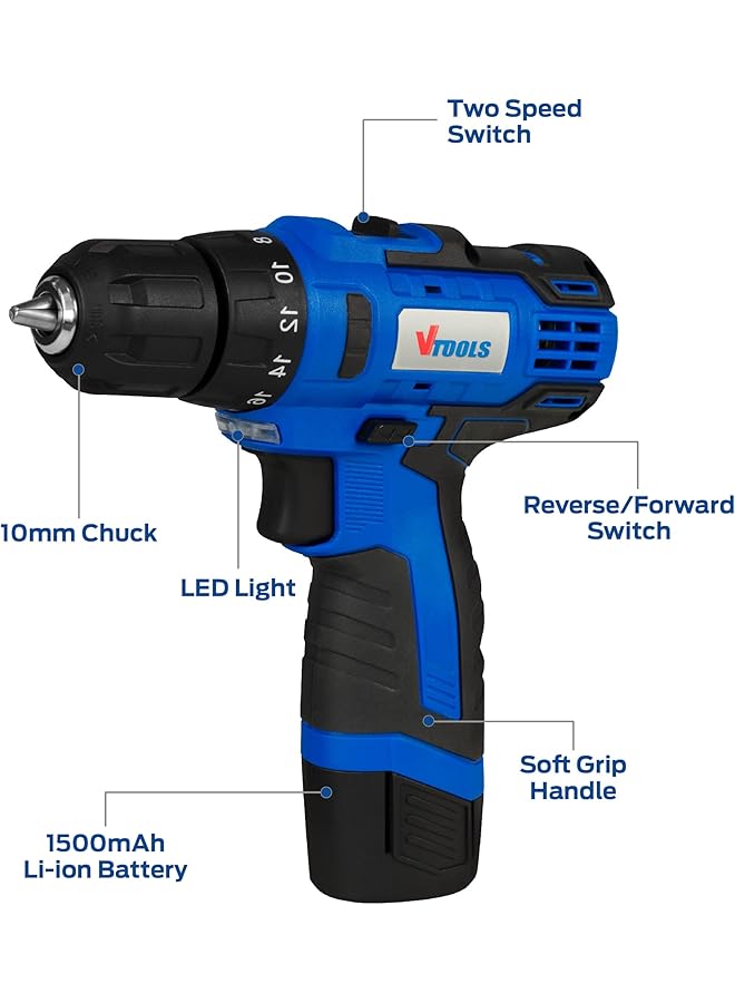 VTOOLS 12V 1.5 Ah Cordless Drill Driver For Drilling And Fastening Blue Vt1202 - Image 2