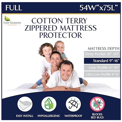 Four Seasons Essentials Full Size Zippered Mattress Protector  Waterproof Mattress Cover  Hypoallergenic Allergen Proof Bed Encasement  Deep Pocket Cotton Terry Top White 