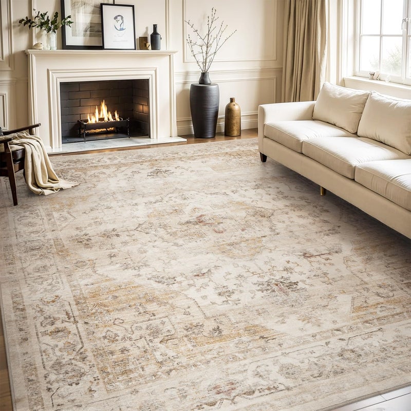 AMOAMIArea Rug 5X7 Rugs for Living RoomVintage Soft Beige Rugs for BedroomNon Slip CarpetMachine Washable Rug for Dining Room Living Room Bedroom Office Under TableBeige