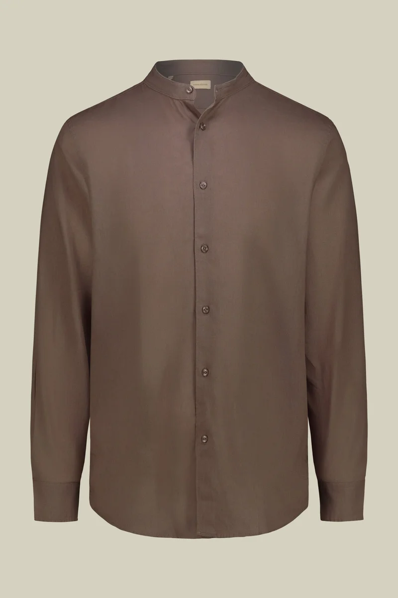 Casual men's shirt with mandarin collar and half button fastening, washed linen and cotton fabric - Beige
