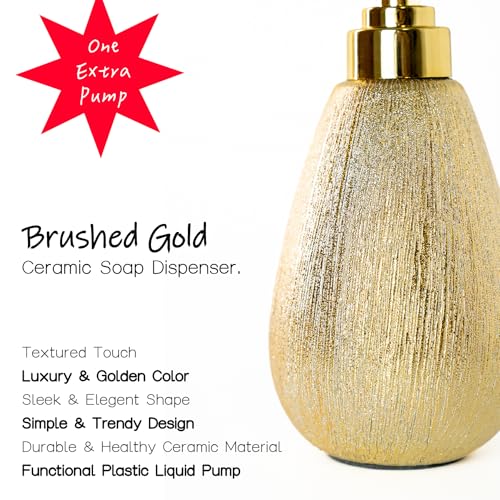 ABBI NIMO Brushed Gold Ceramic Soap Dispenser, 11 oz Textured Hand or Dish Soap Dispenser with Golden Plastic Pump for Bathroom or Kitchen Countertop - Image 2