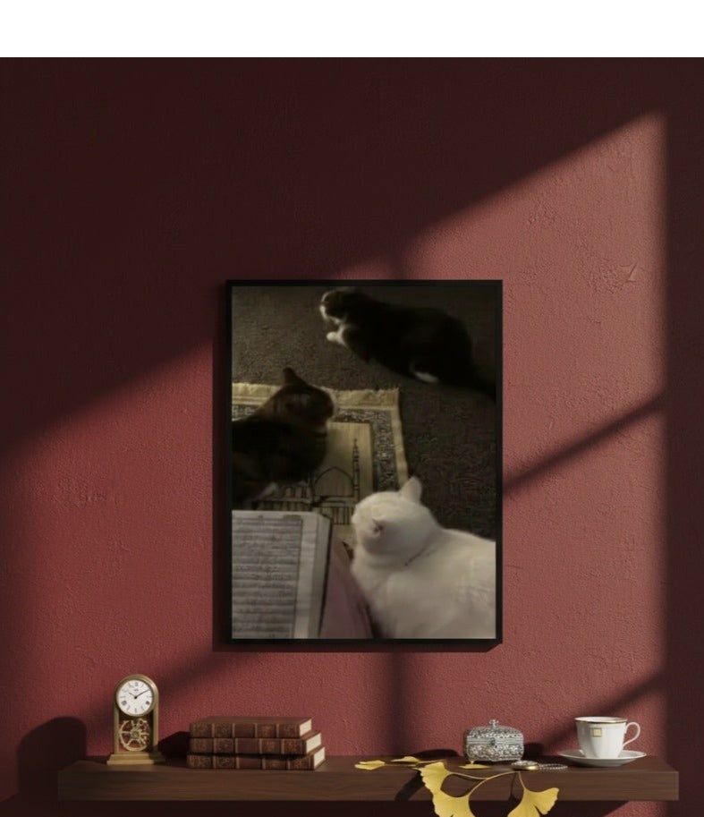 Cat on Prayer Mat Wall Art Frame – White Cat Praying on Islamic Prayer Rug | Premium Framed Canvas | 60 × 40 cm (Vertical) - Image 2