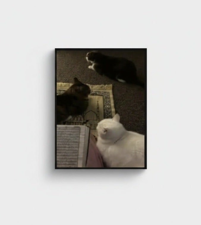 Cat on Prayer Mat Wall Art Frame – White Cat Praying on Islamic Prayer Rug | Premium Framed Canvas | 60 × 40 cm (Vertical) - Image 1