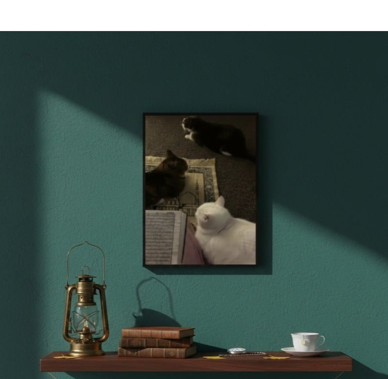 Cat on Prayer Mat Wall Art Frame – White Cat Praying on Islamic Prayer Rug | Premium Framed Canvas | 60 × 40 cm (Vertical) - Image 3