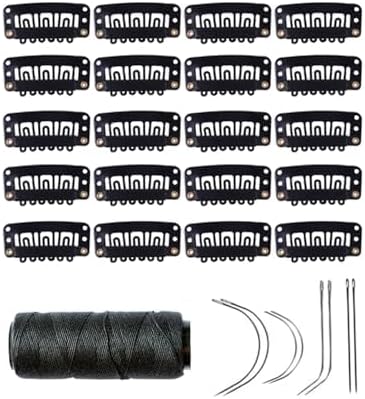 YANTAISIYU 20 Pieces 32mm Hairpieces Snap Clips U Shape Wig Clips for Hair Extensions Making Wig Accessories Set Tools Black