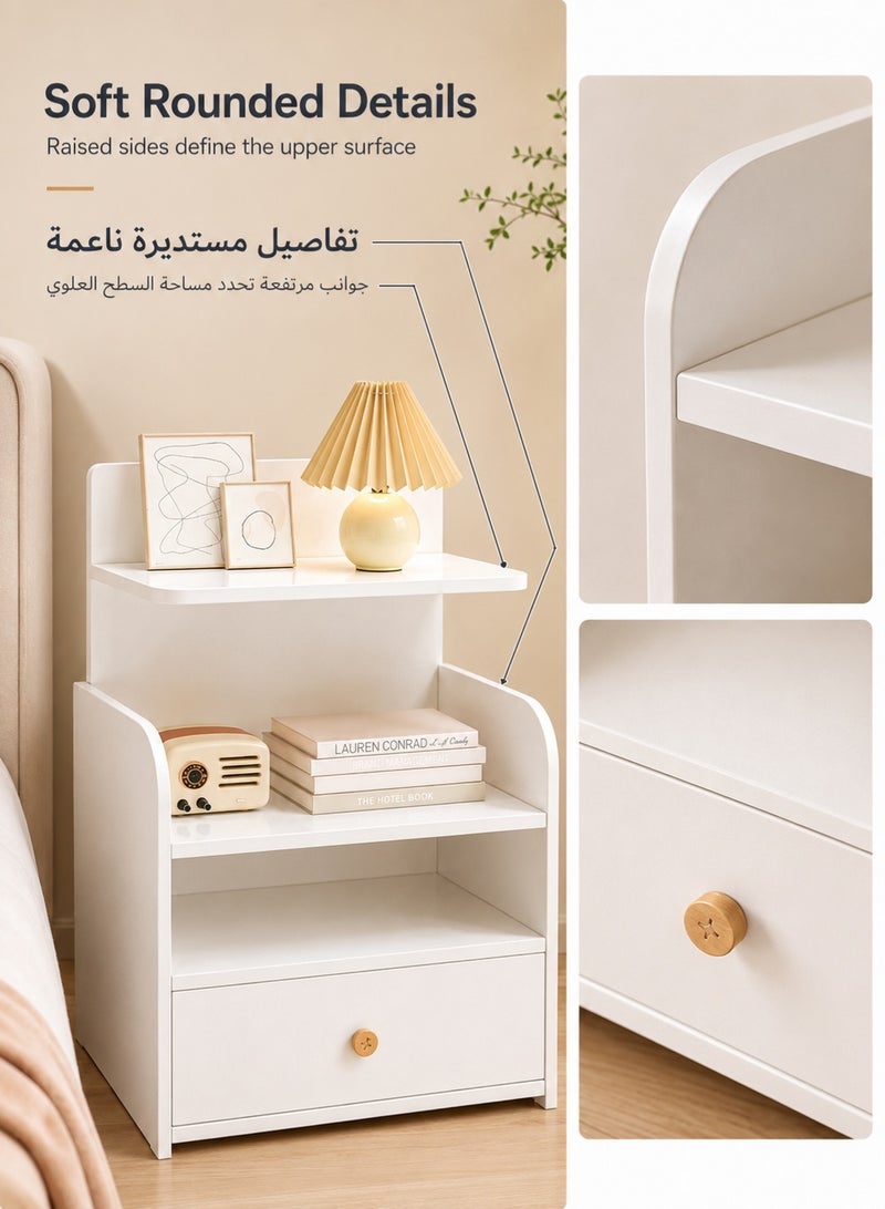 XiuWoo Modern White Nightstand with Drawer and Two Open Storage Areas, 60 cm Tall Compact Wooden Bedside Table with Raised Edge Design for Bedroom and Small Spaces - Image 4