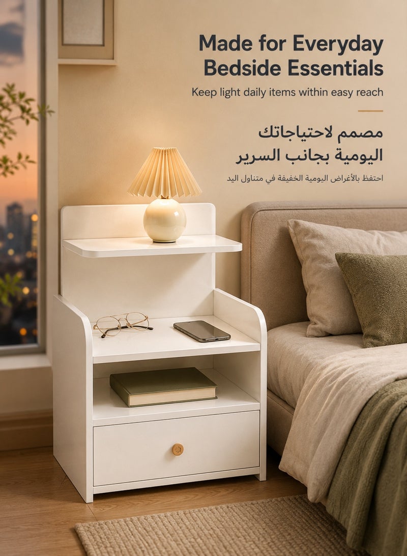 XiuWoo Modern White Nightstand with Drawer and Two Open Storage Areas, 60 cm Tall Compact Wooden Bedside Table with Raised Edge Design for Bedroom and Small Spaces - Image 2