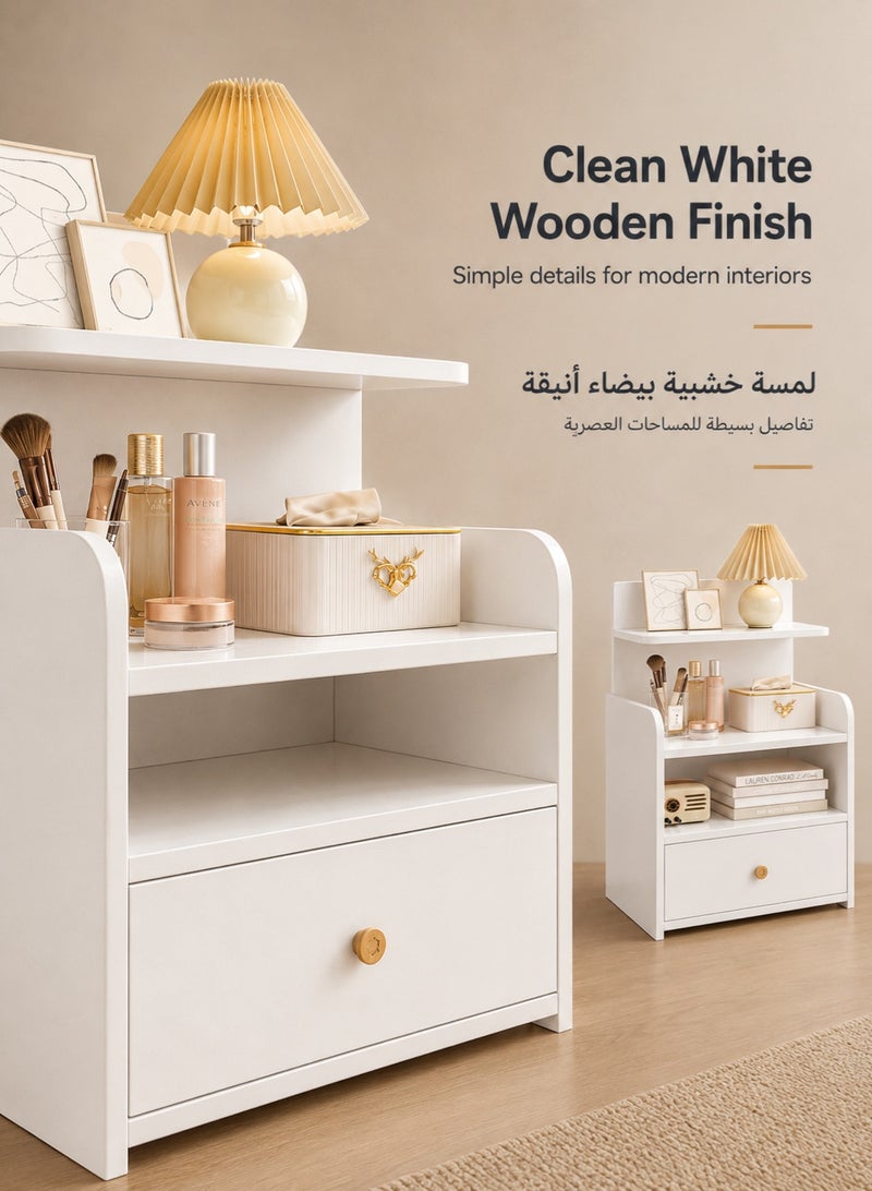 XiuWoo Modern White Nightstand with Drawer and Two Open Storage Areas, 60 cm Tall Compact Wooden Bedside Table with Raised Edge Design for Bedroom and Small Spaces - Image 3
