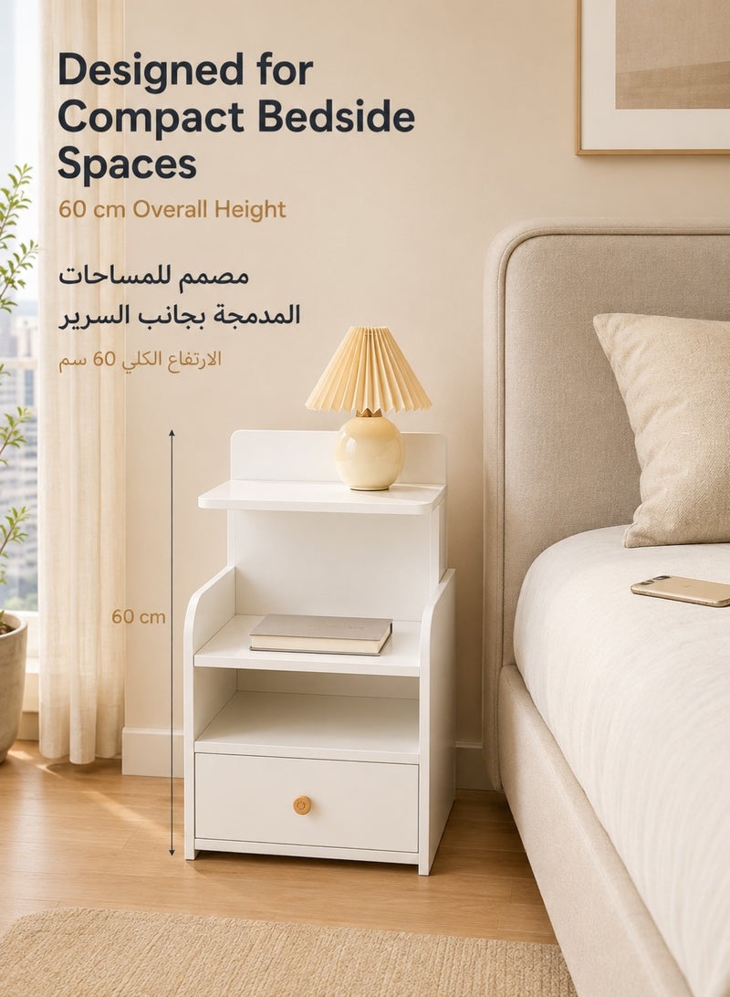 XiuWoo Modern White Nightstand with Drawer and Two Open Storage Areas, 60 cm Tall Compact Wooden Bedside Table with Raised Edge Design for Bedroom and Small Spaces - Image 5