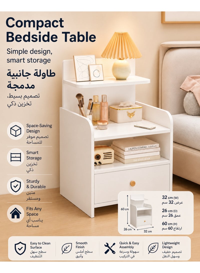 XiuWoo Modern White Nightstand with Drawer and Two Open Storage Areas, 60 cm Tall Compact Wooden Bedside Table with Raised Edge Design for Bedroom and Small Spaces - Image 1