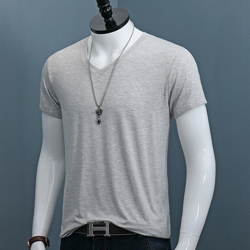 Modal short-sleeved T-shirt men's ultra-light thin slim fit plus-size youth solid color V-neck T-shirt trendy top - Image 2