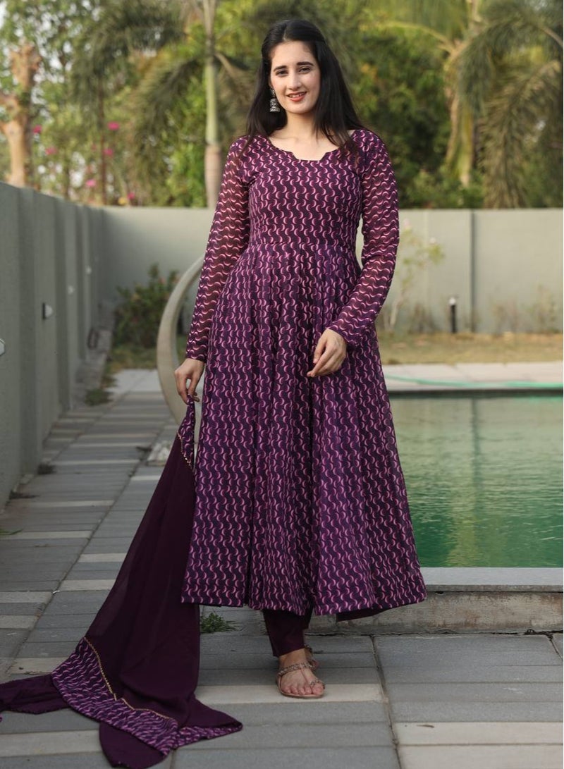 PREMIUM READYMADE PURPLE DIGITAL PRINT ANARKALI SUIT SET  - Image 1