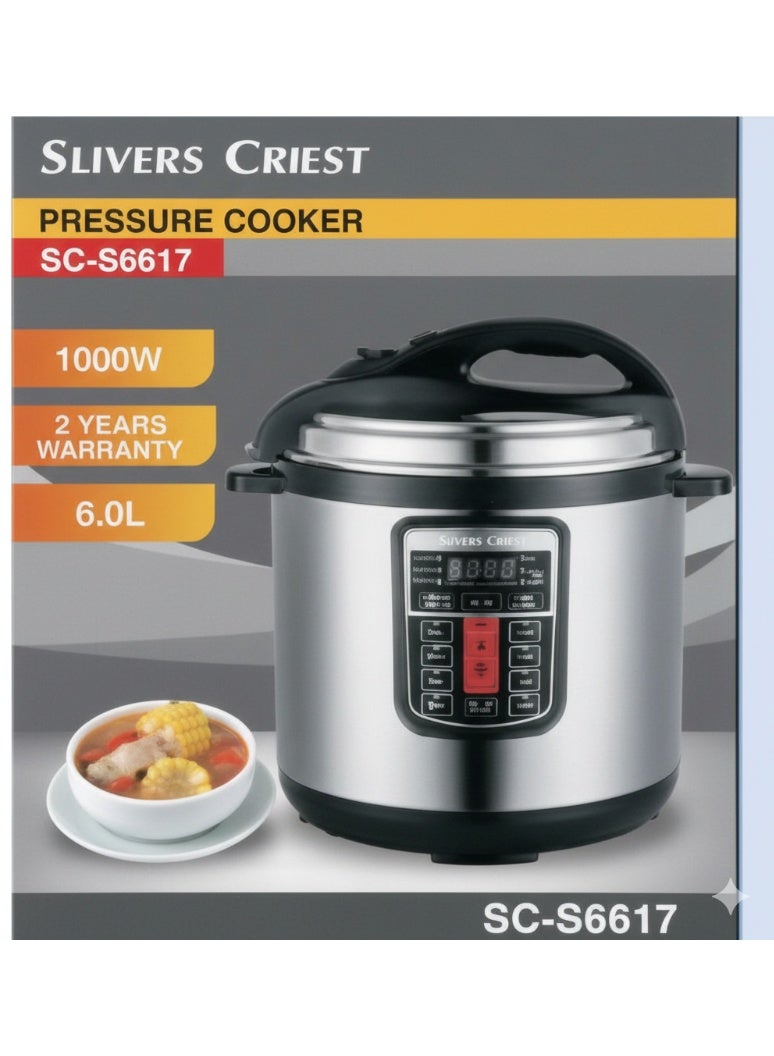 شظايا كريست قدر ضغط كهربائي، سعة 6.0 لتر، فضي وأسود، قوة 1000 واط، رقمي متعدد الوظائف – موديل SC-S6617 - Image 3