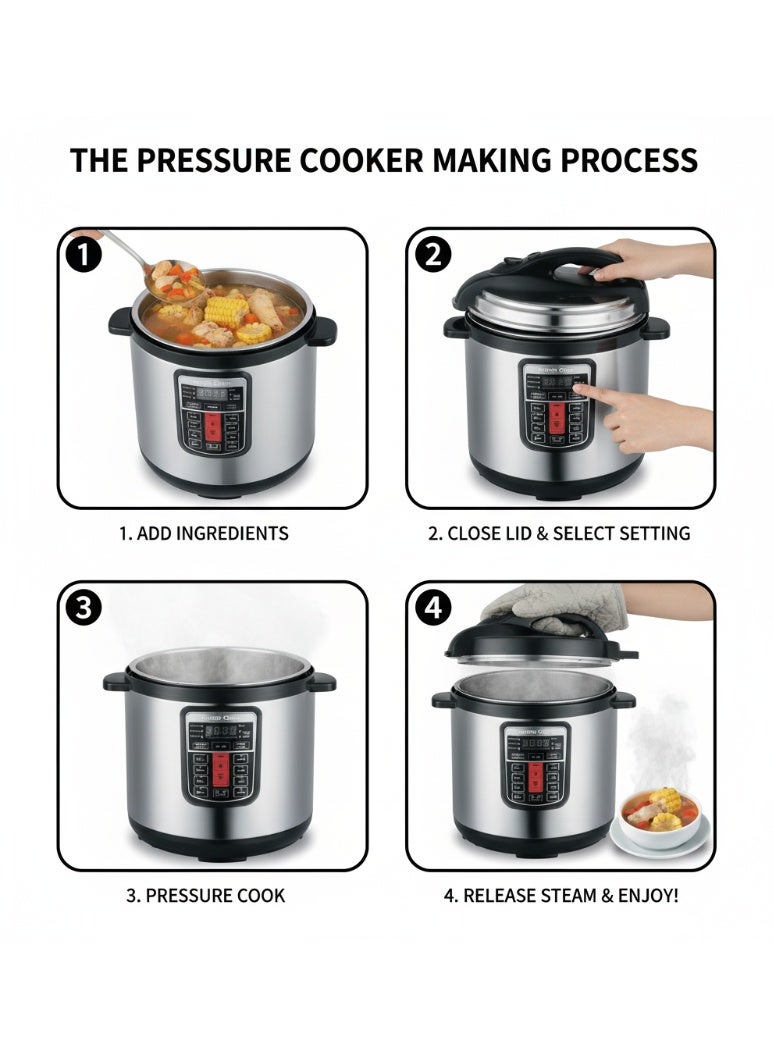 شظايا كريست قدر ضغط كهربائي، سعة 6.0 لتر، فضي وأسود، قوة 1000 واط، رقمي متعدد الوظائف – موديل SC-S6617 - Image 2