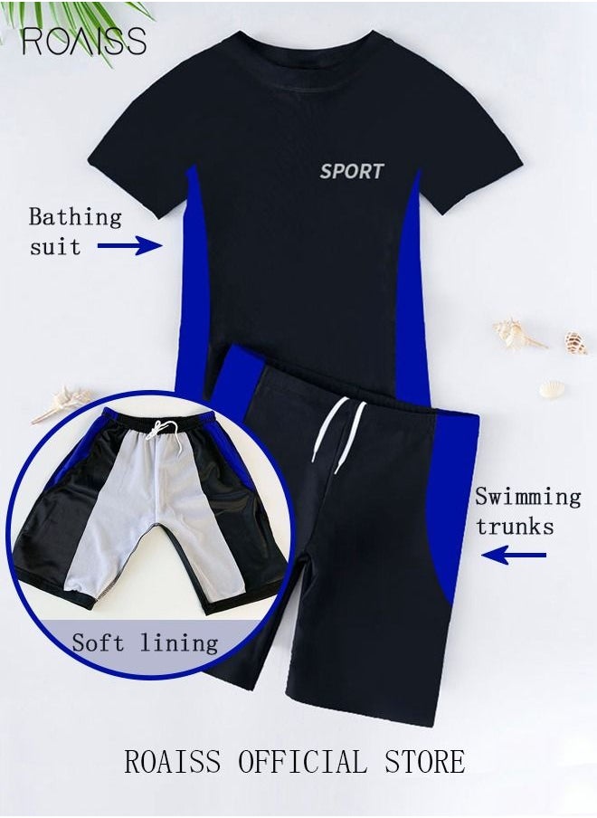 roaiss 2 Piece Boys Swimsuit Swimming Trunks Set Kids Training Quick Dry Sun Protection Swimwear Children Short Sleeves Clothing Beachwear Split Bathing Suit for Summer Moisture-Wicking Breathable Black  - Image 5