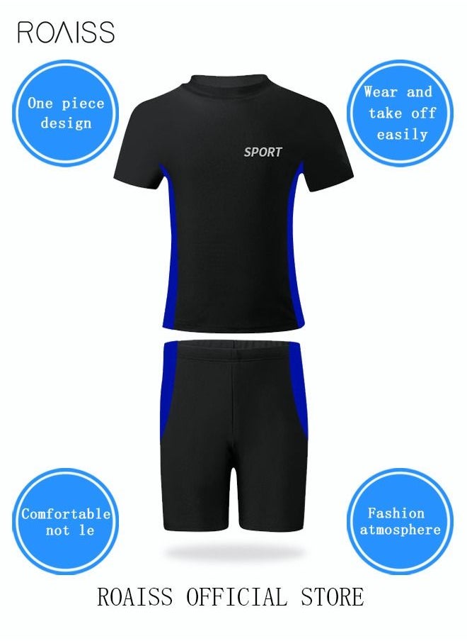 roaiss 2 Piece Boys Swimsuit Swimming Trunks Set Kids Training Quick Dry Sun Protection Swimwear Children Short Sleeves Clothing Beachwear Split Bathing Suit for Summer Moisture-Wicking Breathable Black  - Image 4