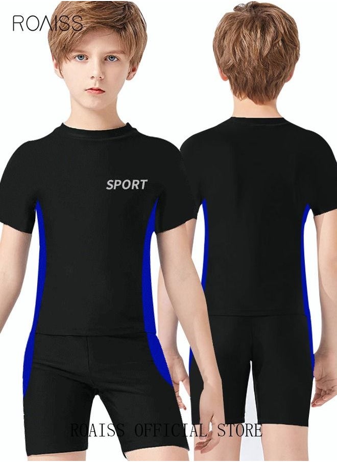 roaiss 2 Piece Boys Swimsuit Swimming Trunks Set Kids Training Quick Dry Sun Protection Swimwear Children Short Sleeves Clothing Beachwear Split Bathing Suit for Summer Moisture-Wicking Breathable Black  - Image 2