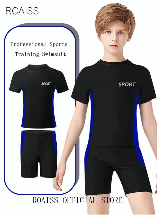 roaiss 2 Piece Boys Swimsuit Swimming Trunks Set Kids Training Quick Dry Sun Protection Swimwear Children Short Sleeves Clothing Beachwear Split Bathing Suit for Summer Moisture-Wicking Breathable Black  - Image 1