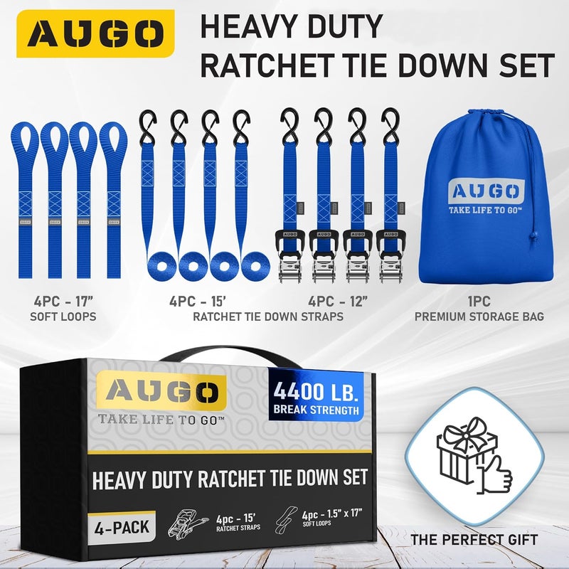 AUGO Heavy Duty Ratchet Straps & Soft Loops – Pack of 4 Extra Strong 1.5” by 15’ Ratchet Straps w/S-Hook Safety Latches & 4 Soft Loop Tie Downs – 4400Lb Break Strength for Motorcycles, ATVs, Etc. - Image 4
