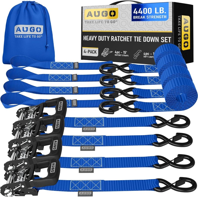 AUGO Heavy Duty Ratchet Straps & Soft Loops – Pack of 4 Extra Strong 1.5” by 15’ Ratchet Straps w/S-Hook Safety Latches & 4 Soft Loop Tie Downs – 4400Lb Break Strength for Motorcycles, ATVs, Etc. - Image 1