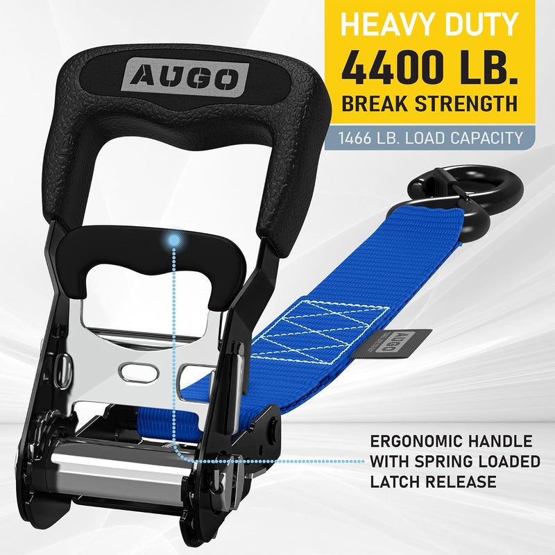 AUGO Heavy Duty Ratchet Straps & Soft Loops – Pack of 4 Extra Strong 1.5” by 15’ Ratchet Straps w/S-Hook Safety Latches & 4 Soft Loop Tie Downs – 4400Lb Break Strength for Motorcycles, ATVs, Etc. - Image 2