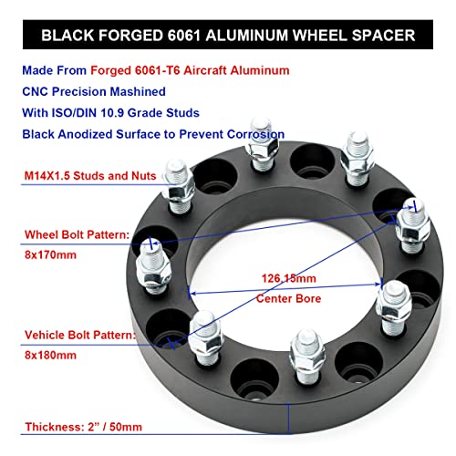 VLAOSCHI Black Forged 8x180 to 8x170 Wheel Adapters 2 Inch with 14x1.5 Studs Compatible with Chevy GMC 8 Lug for 2011-2022 Silverado Sierra 2500 3500 HD(Adapt 8x170 Rim on 8x180 truck) - Pack of 4 - Image 5
