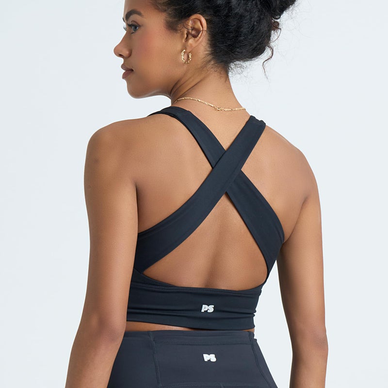 POPSUGAR Long Line Sports Bra Women, Workout Crop Tops for Women Longline Criss Cross Gym Yoga Tops with Built in Bra for Running Pilates Black Night, Large - Image 3