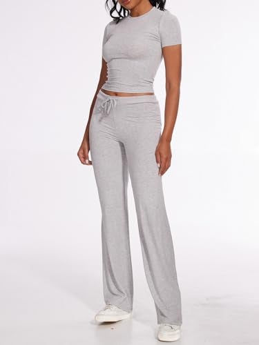 AnotherChill Women's 2 Piece Lounge Sets Straight Leg Pants Set Short Sleeve Crop T-shirt Casual Outfits Comfy Loungewear (Light-Gray, X-Small) - Image 3