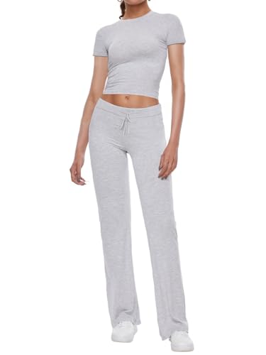 AnotherChill Women's 2 Piece Lounge Sets Straight Leg Pants Set Short Sleeve Crop T-shirt Casual Outfits Comfy Loungewear (Light-Gray, X-Small) - Image 1