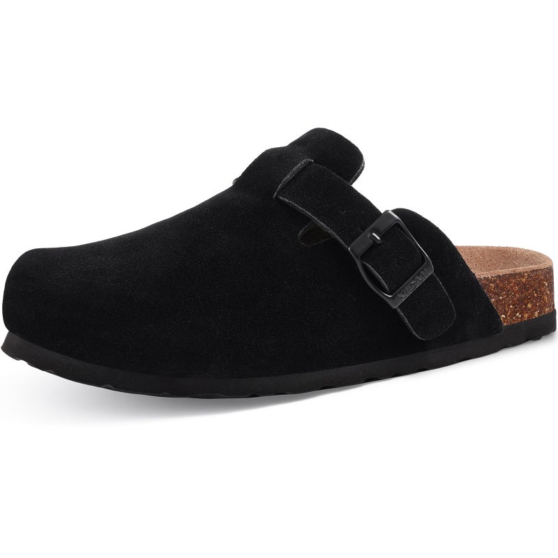 KIDMI Unisex Vegan Suede Clogs Leather Mules Womens Mens Cork Footbed Potato Shoes with Arch Support, Vegan Suede Black, Size 39 - Image 1