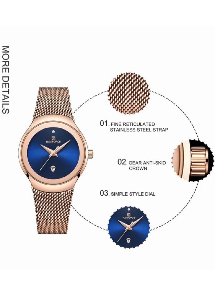 NAVIFORCE Stainless Steel Mesh Strap Elegant Design Quartz Wrist Watch with Date For Women NF5004 RG/BE  - Image 5